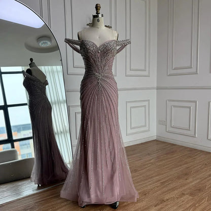Luxury Nude Arabic Crystal Beaded Mermaid Off Shoulder Evening Dress LA73128