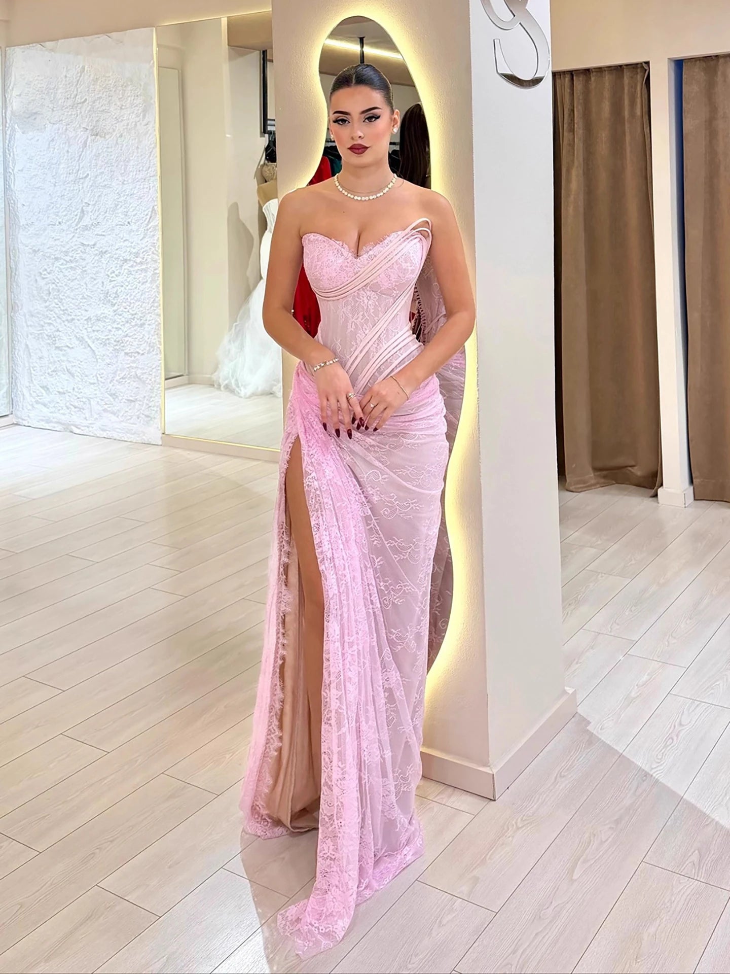 Luxury Pink Saudi Arabic Lace Embroidery Evening Dress LA73373