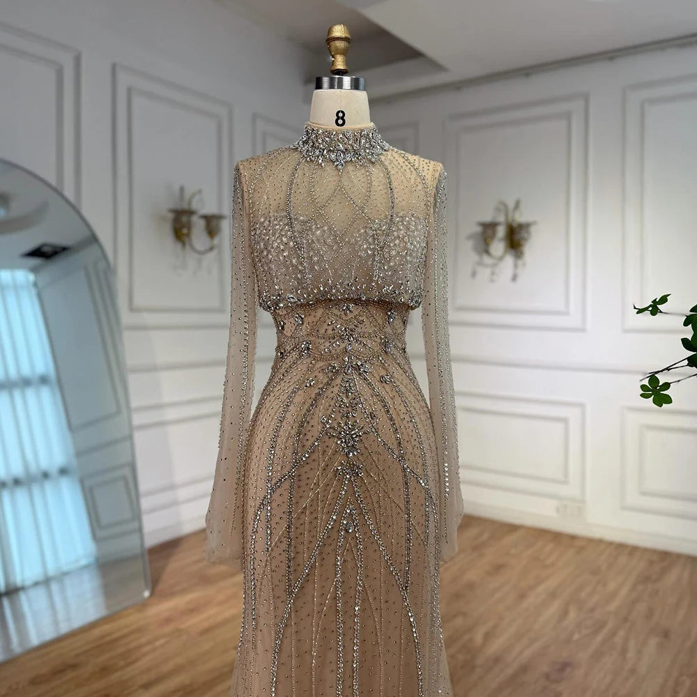 Luxury Turquoise Crystal Beaded Mermaid High Neck Long Sleeve Evening Dress LA73136
