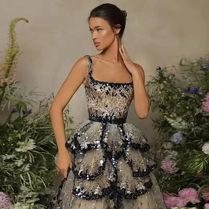 Designer Sparkly Sequin Tiered Ruffles Ball Gown Evening Dress LA72505
