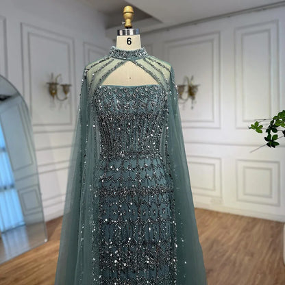 Luxury Turquoise Beaded Evening Dress with Detachable Cape LA72714B