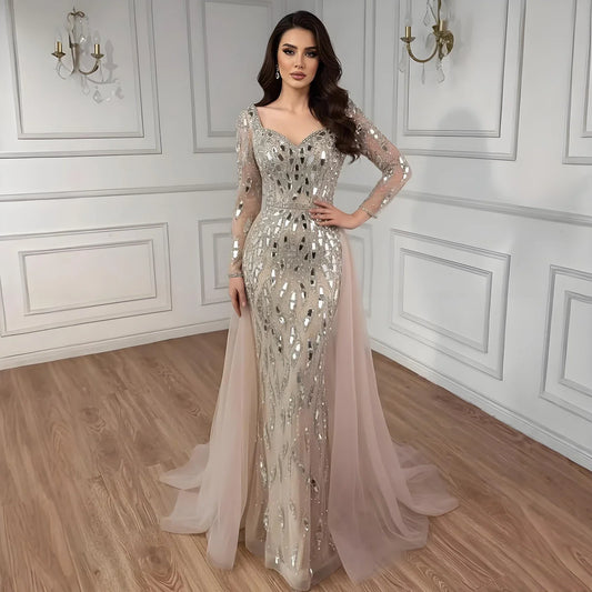 Luxury Arabic Nude Long Sleeve Mermaid Evening Dress LA73113A