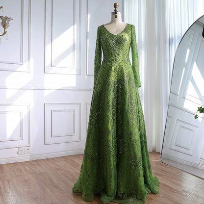 Luxury Lime Green Lace Beaded Long Sleeve Evening Dress LA73324