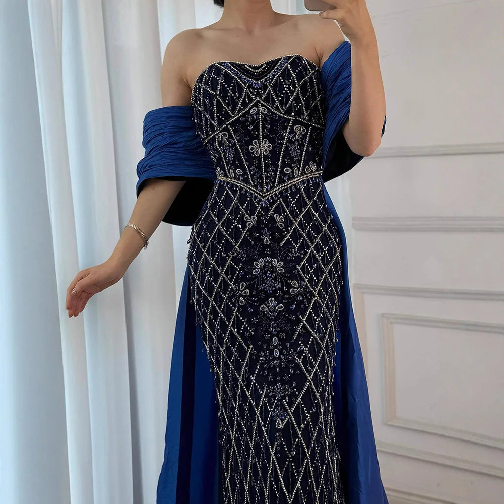 Luxury Dubai Nude Beaded Mermaid Evening Gown Off Shoulder Shawl Crystal Detailing for Formal Occasion   LA72819