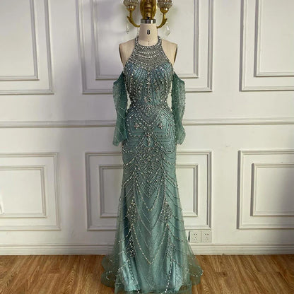 Luxury Turquoise Halter  Mermaid Evening Dress LA72980