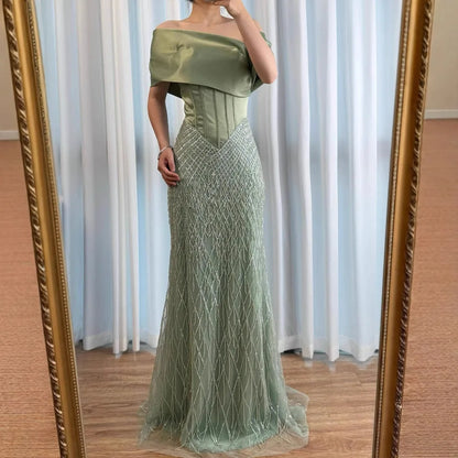 Sage Green Off Shoulder Tassel Beaded Mermaid Evening Dress LA73037