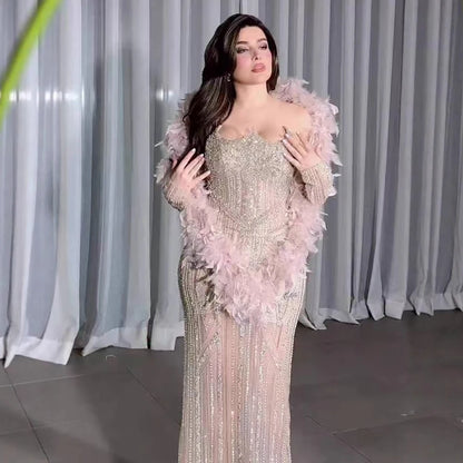 Luxury Caramel Beaded Evening Dress with Feather Sleeves LA73055