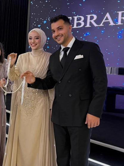 Luxury Caramel Crystal Beaded Mermaid Muslim Evening Dress LA73427