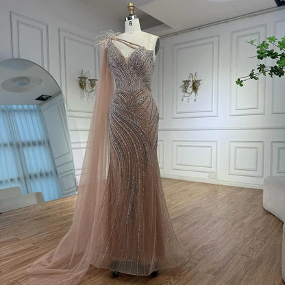 Luxury Caramel One Shoulder Beaded Mermaid Evening Dress LA72895