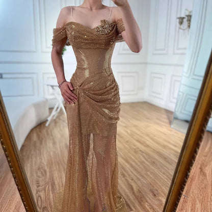 Elegant Nude Off Shoulder Beaded A-Line Evening Dress LA72807A
