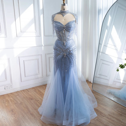 Luxury Dubai Beaded Blue Pink Evening Dress with Tassel Cape LA72897A