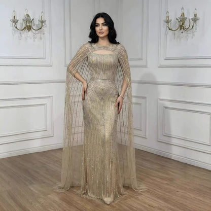 Luxury Blue Diamond Evening Dress With Cape LA73426