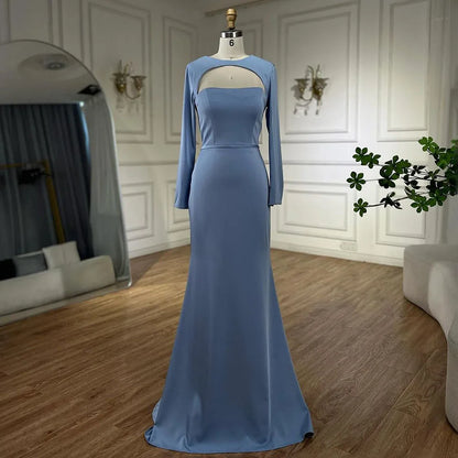 Luxury Dubai Blue Satin Mermaid Evening Dress Lace-Up Back LA72416