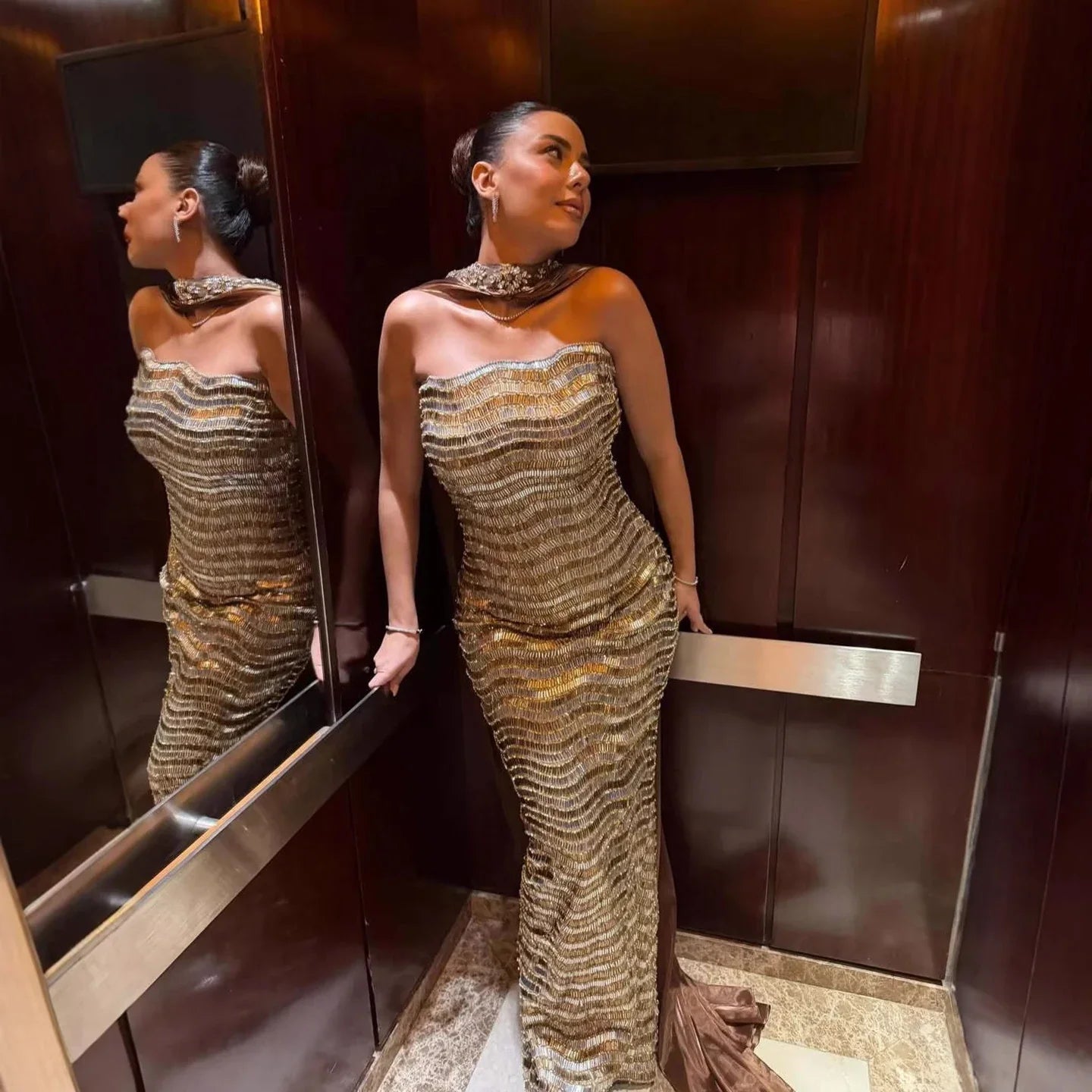 Luxury Caramel Beaded Mermaid Evening Dress LA73447