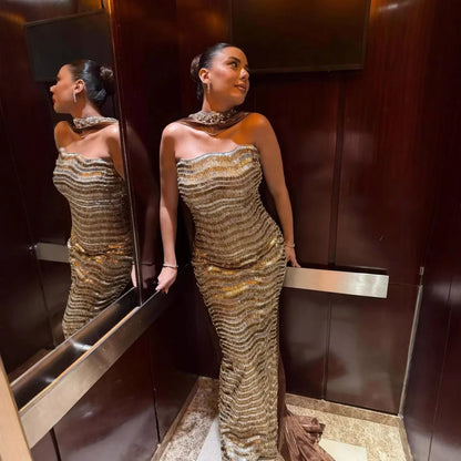 Luxury Caramel Beaded Mermaid Evening Dress LA73447