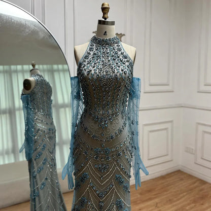 Luxury Dubai Arabic Blue Beaded Evening Dress with Gloves LA72760A