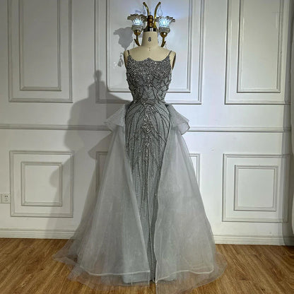 Luxury Dubai   Nude Saudi Beaded Spaghetti Strap Evening Dresses Gowns with Overskirt for Formal Occasion LA72810