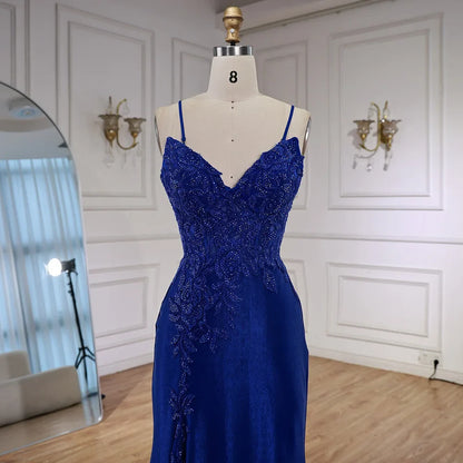 Luxury Navy Blue Lace Slit Prom Dress with Spaghetti Straps LA73041