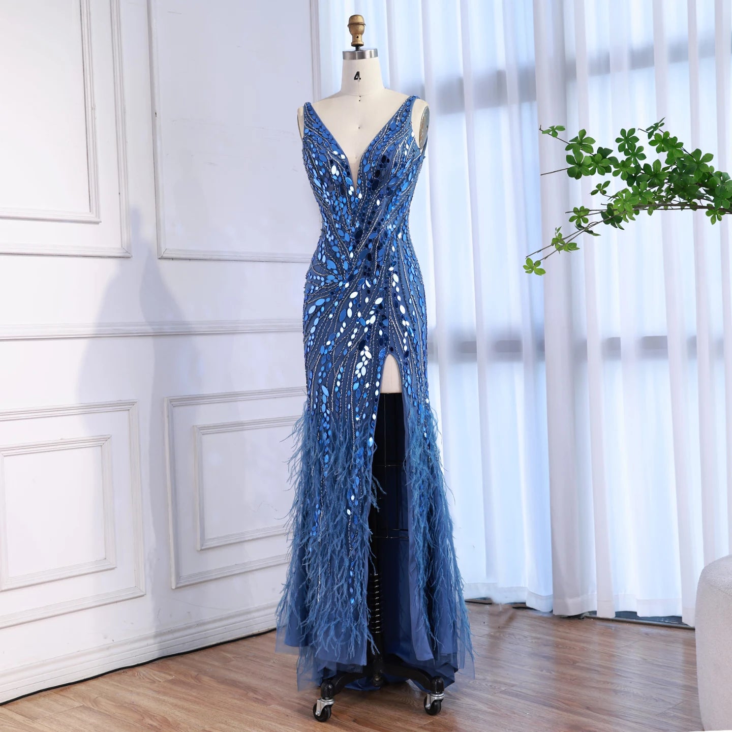 Luxury Blue Beaded Feather Mermaid Evening Dress LA73369