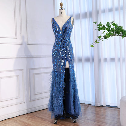 Luxury Blue Beaded Feather Mermaid Evening Dress LA73369