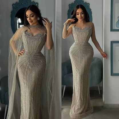 Luxury Dubai Caramel Beaded Evening Dress With Cape LA72811C