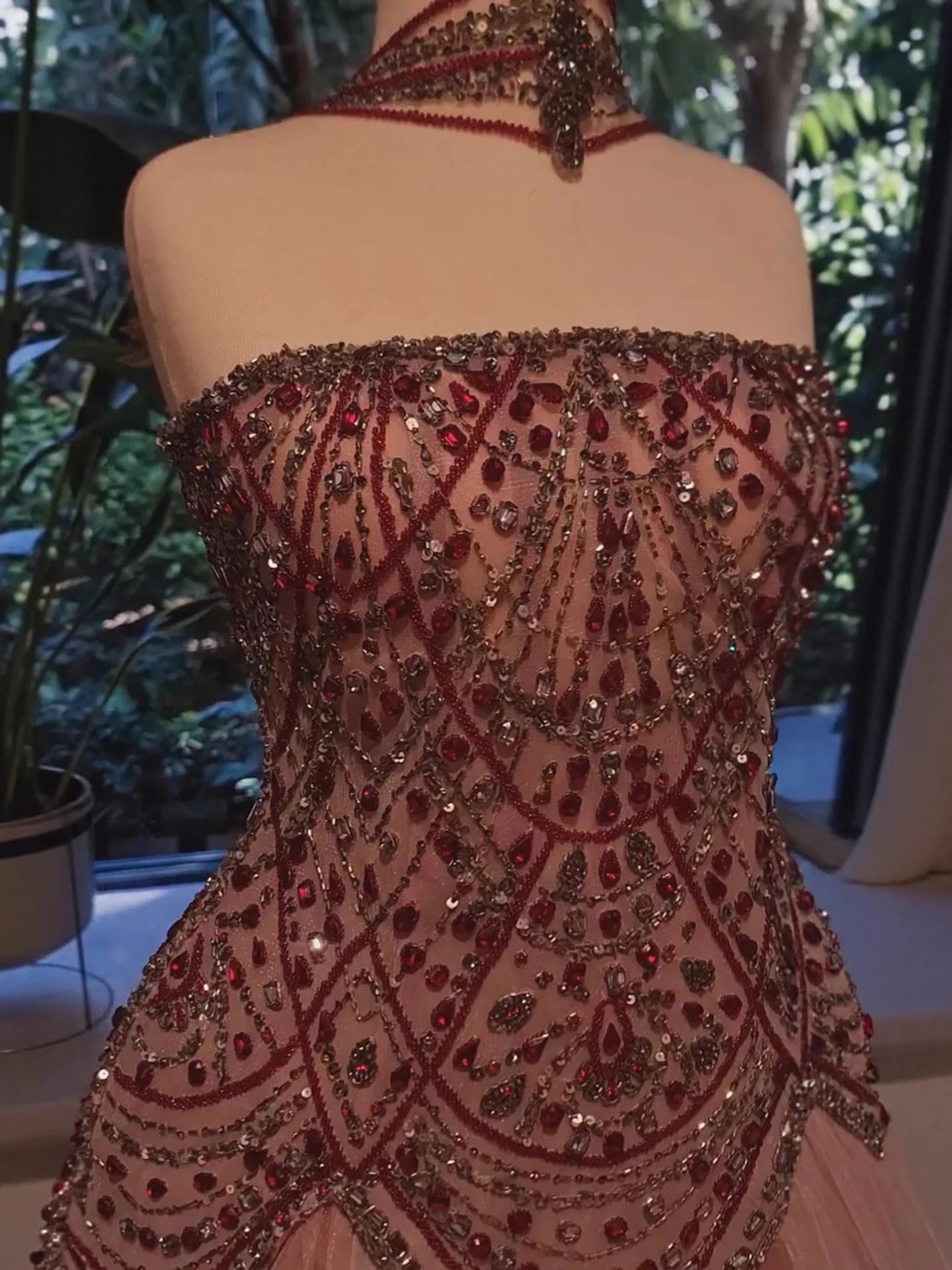 Luxury Wine Red Arabic Beaded A-Line Evening Dress LA73377