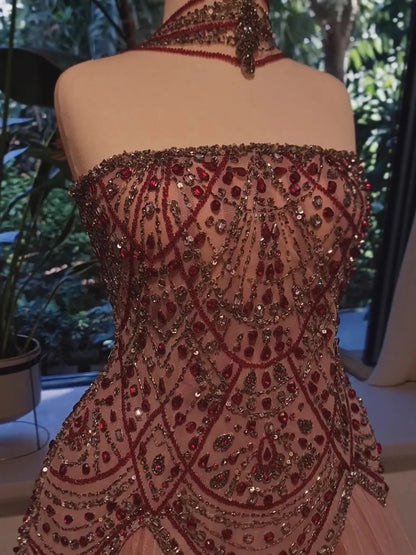 Luxury Wine Red Arabic Beaded A-Line Evening Dress LA73377