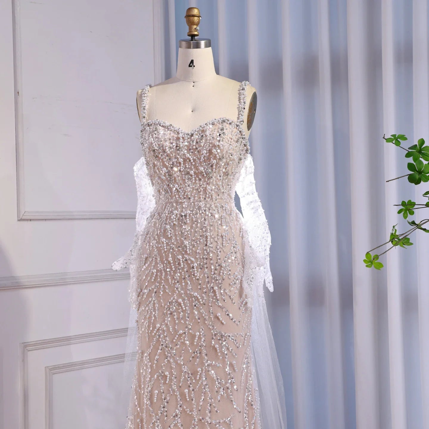 Luxury Lace Pearls Mermaid Evening Dress With Glove White Nude LA72345E