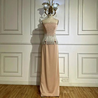 Luxury Dubai   Saudi Nude Pink Arabic Mermaid Evening Dresses Gowns Beaded Tassel for Occasion LA72804