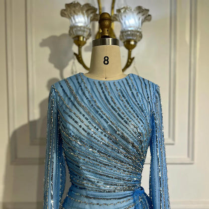 Luxury Dubai   Arabic Elegant Blue Beaded Saudi Evening Dresses Gowns for Formal Occasion LA72822