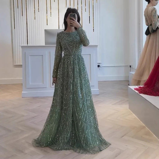 Luxury Olive Green Beaded A-Line Modest Evening Dress LA72738B