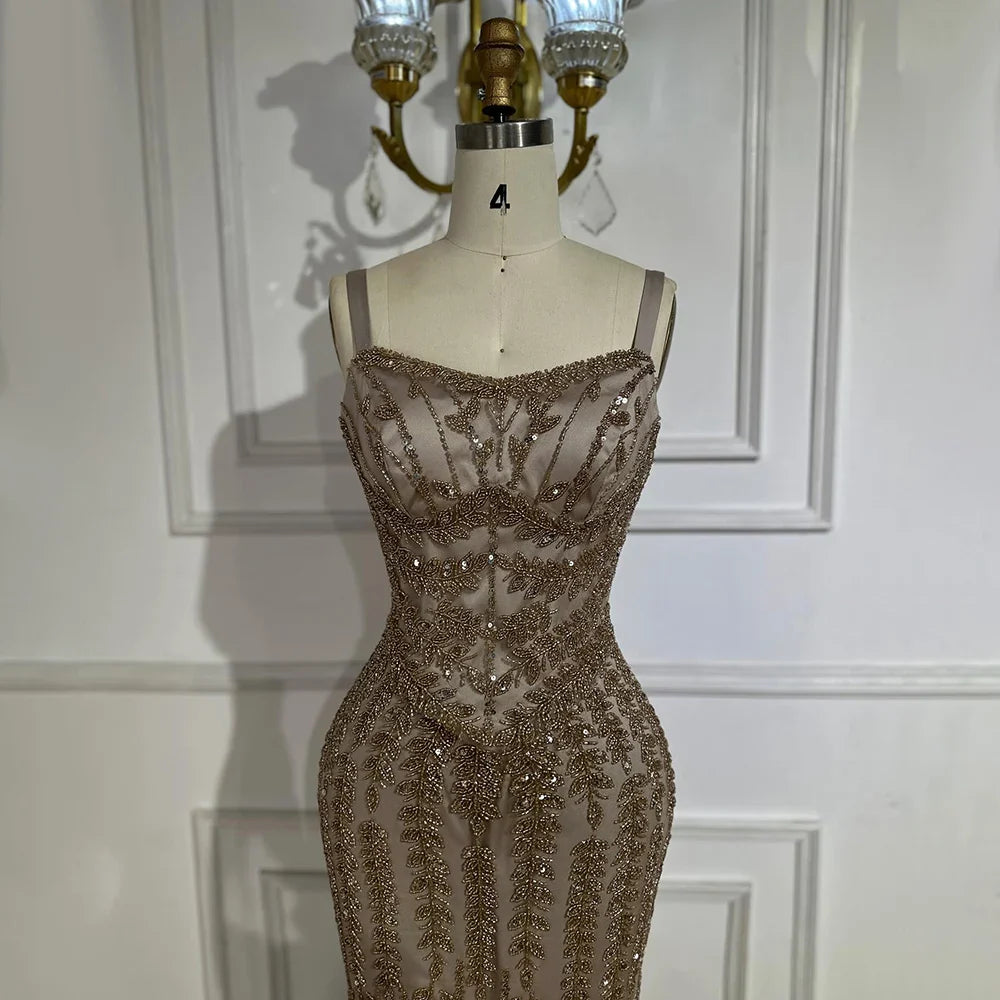 Luxury Arabic Blue Spaghetti Strap Mermaid Evening Dress Beaded LA72725