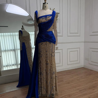 Luxury Royal Blue Velvet Beaded Mermaid Evening Dress LA72988