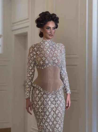 Luxury Nude Beaded Two Pieces Corset Evening Dress LA73335