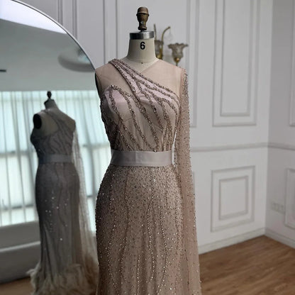 Elegant Nude One Shoulder Feather Beaded Mermaid Evening Dress LA71096