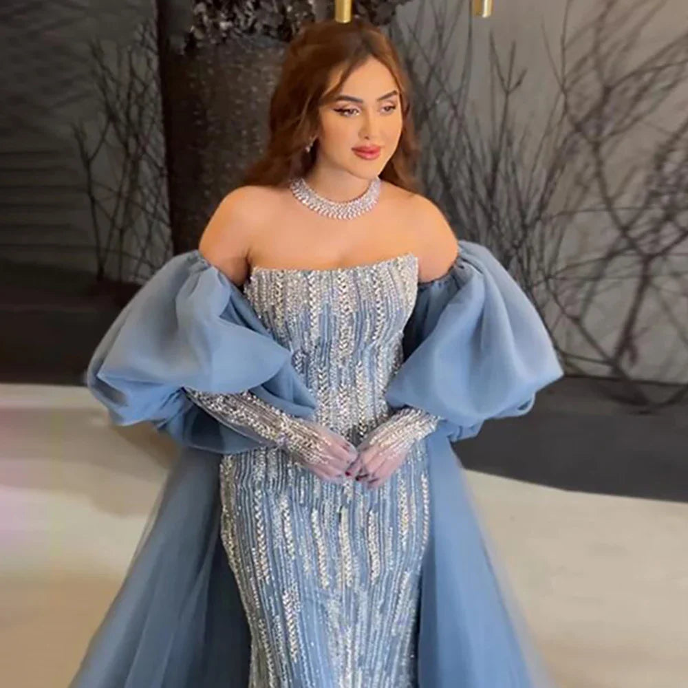 Luxury Dubai Arabic Blue Mermaid Balloon Sleeves Beaded Evening Dresses LA71823
