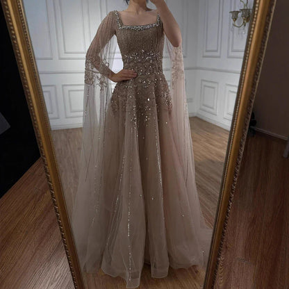 Luxury Caramel A-Line Beaded Evening Dress with Cape Sleeves LA73089A