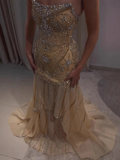 Luxury Gold Diamond Evening Dress with Cape for Wedding Party LA73224