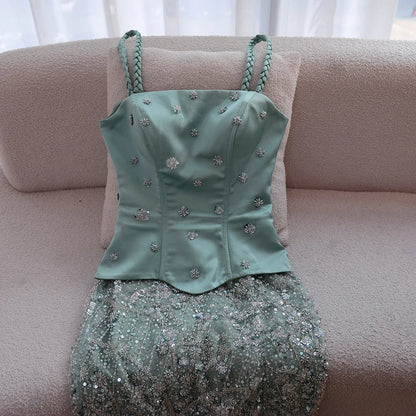 Luxury Sage Green Beaded 1 Pieces Evening Dress LA72977