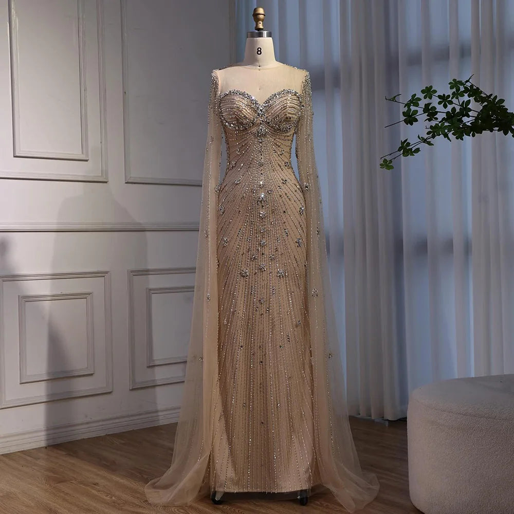 Luxury Green Beaded Mermaid Dress with Cape Sleeves LA73115