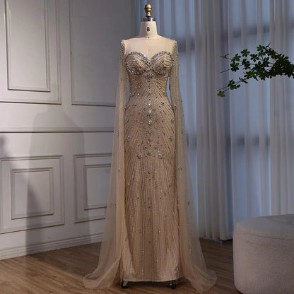 Luxury Green Beaded Mermaid Dress with Cape Sleeves LA73115