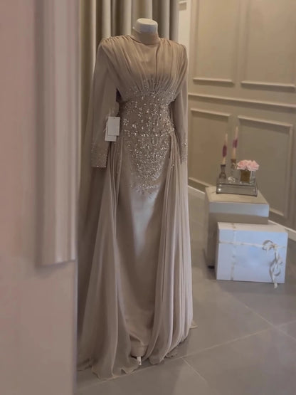 Luxury Caramel Crystal Beaded Mermaid Muslim Evening Dress LA73427