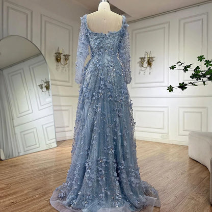 Luxury Arabic Gray A Line Elegant  3D Flower Evening Dress Long Sleeve LA72657