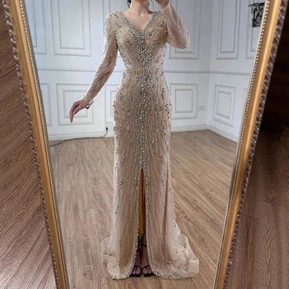 Luxury Turquoise Crystal Beaded Evening Dress Elegant Slit Gown LA73179