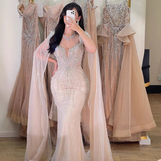 Luxury Designer Beige Beaded Evening Dress with Cape Sleeves LA72992
