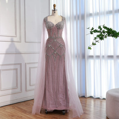 Luxury Dubai Pink Beaded Evening Dress With Cape LA73329