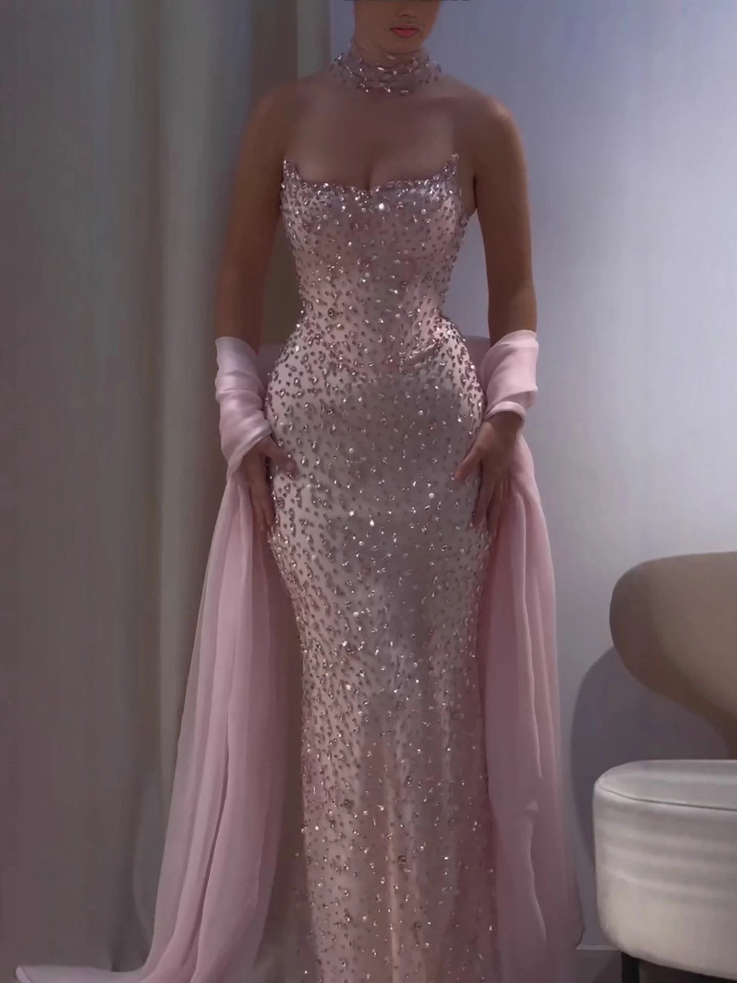 Luxury Pink Diamond Evening Dress with Cape Gown for Wedding Party LA73225
