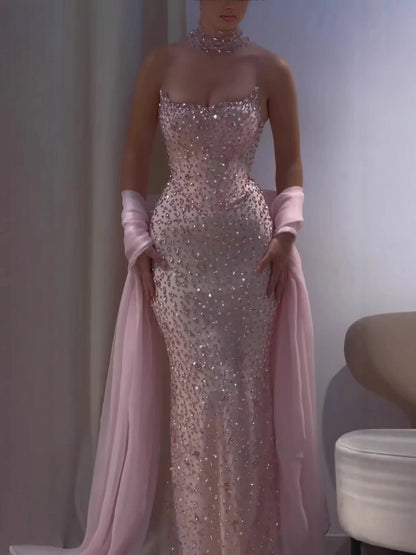 Luxury Pink Diamond Evening Dress with Cape Gown for Wedding Party LA73225