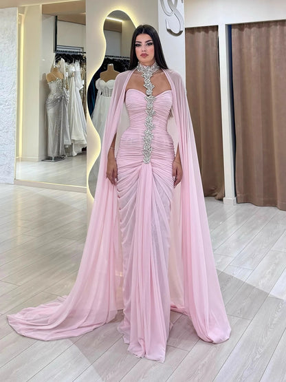 Luxury Pink Halter Crystal Beaded Evening Dress with Cape LA73374