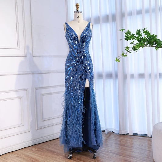 Luxury Blue Beaded Feather Mermaid Evening Dress LA73369